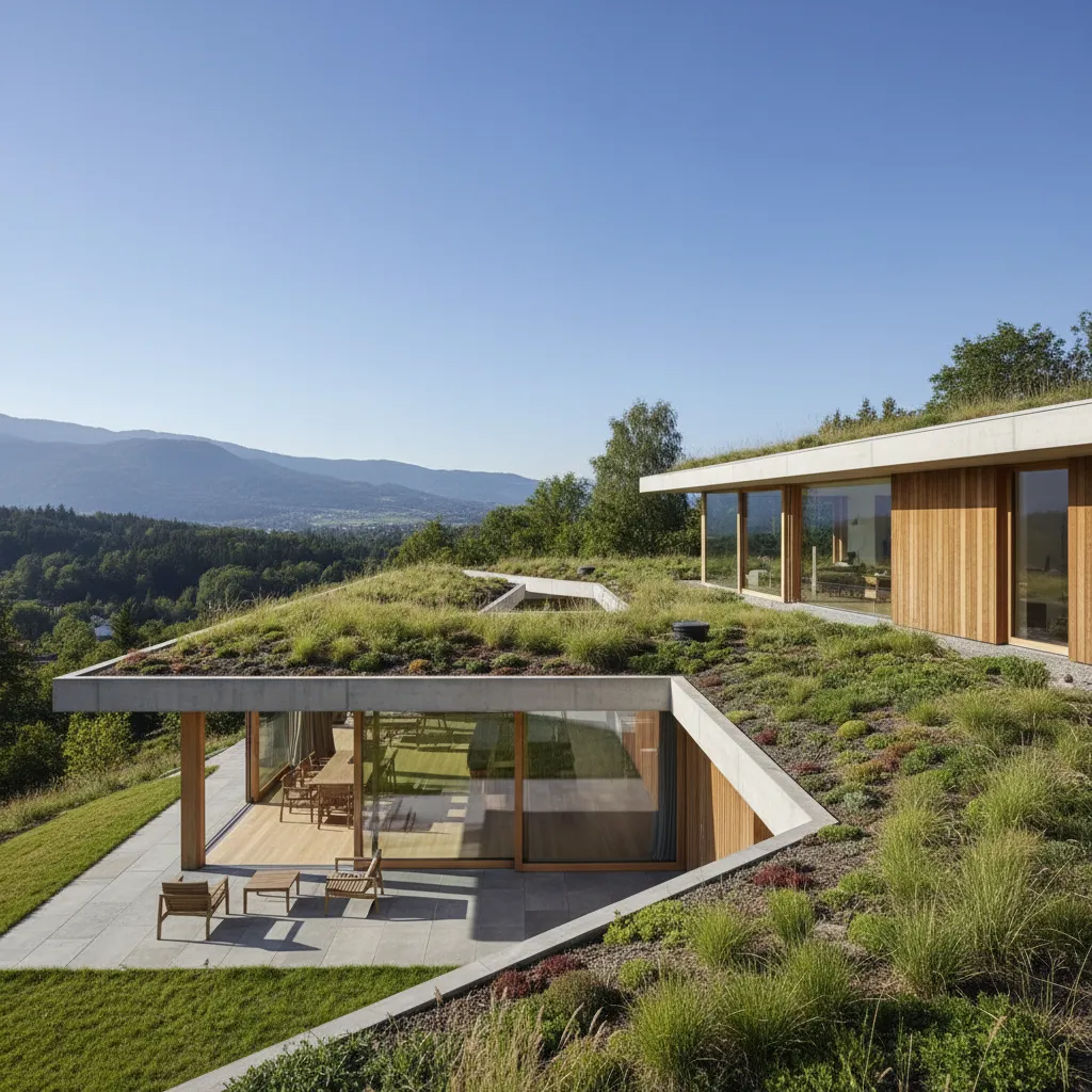 Casa moderna con cubierta verde y vegetación en el tejado