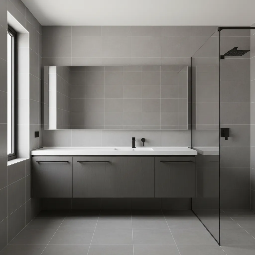 Modern grey bathroom interior with neutral tiles and minimalist fixtures