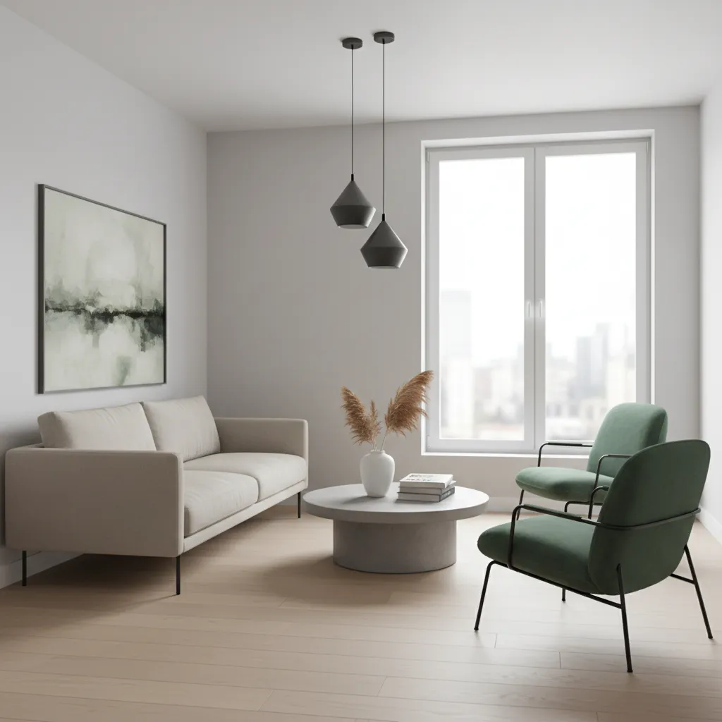 Modern living room with light grey walls forest green accents and black decor