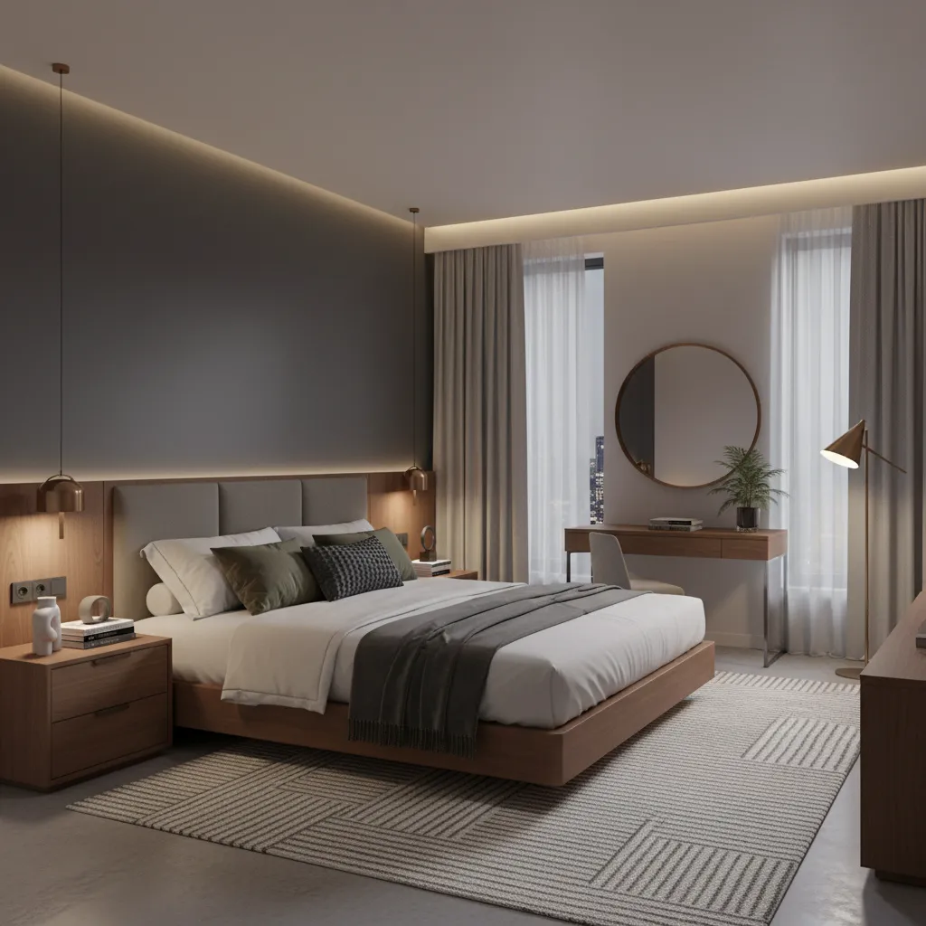 Modern hotel room with greige walls charcoal accent wall and walnut furniture