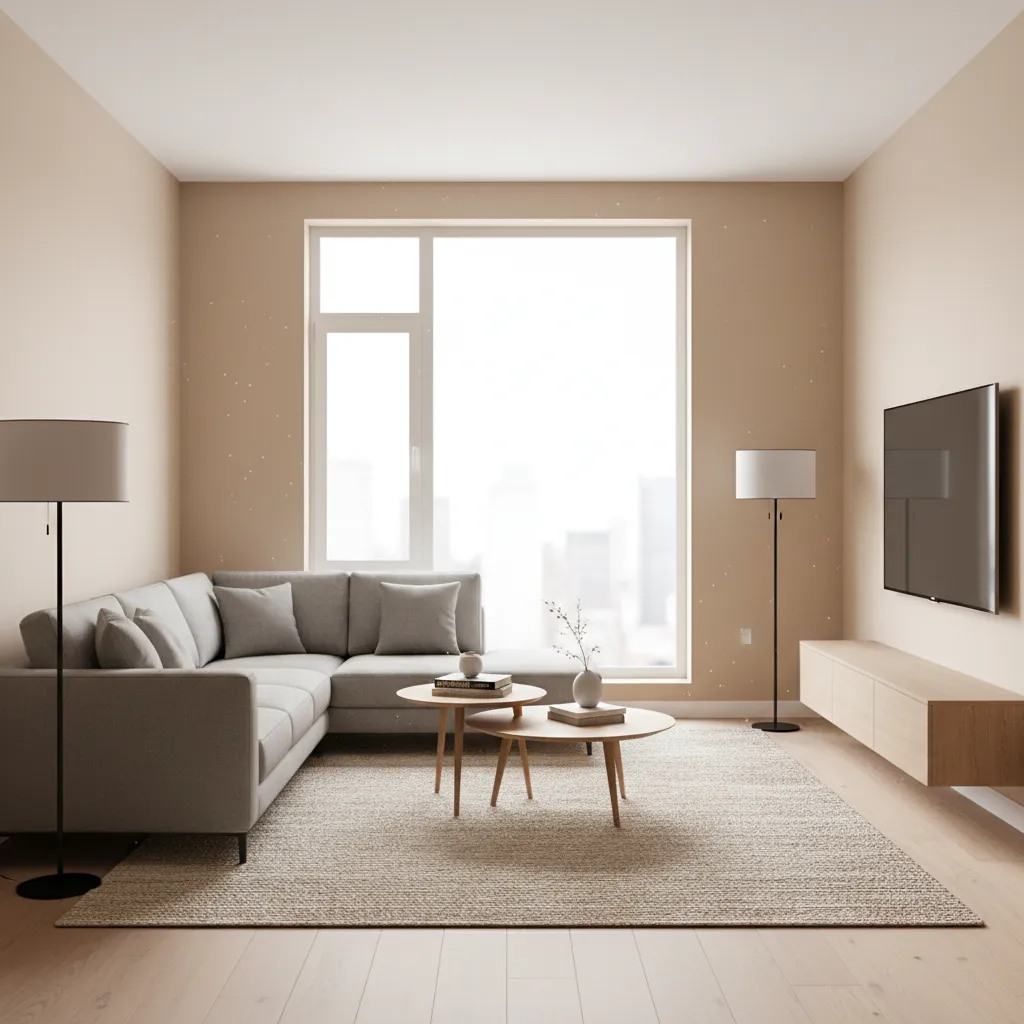 Bright living room with grey sofa, neutral rug and natural lighting