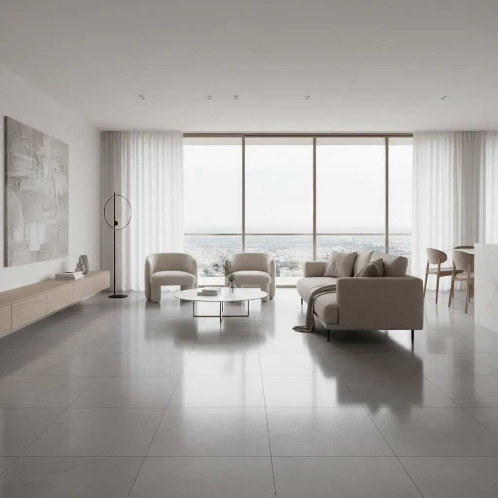 Modern living room with large grey porcelain tile flooring and neutral furniture