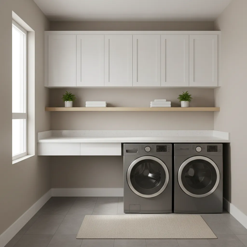 Modern laundry room with grey washer and dryer and light cabinets
