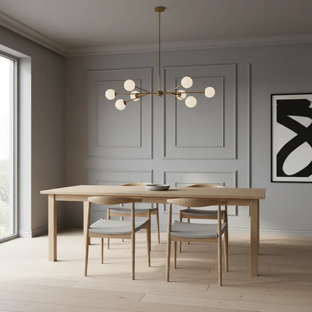 Modern dining room with geometric grid style wainscoting panels