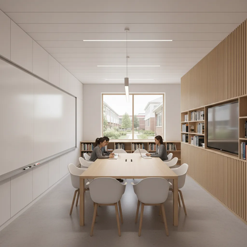 Modern group study room with collaborative layout and whiteboard walls