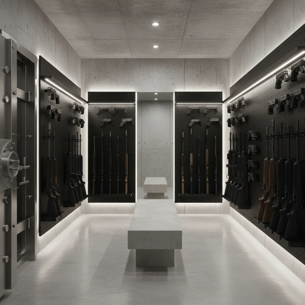 Modern gun safe room with modular firearm storage and vault door