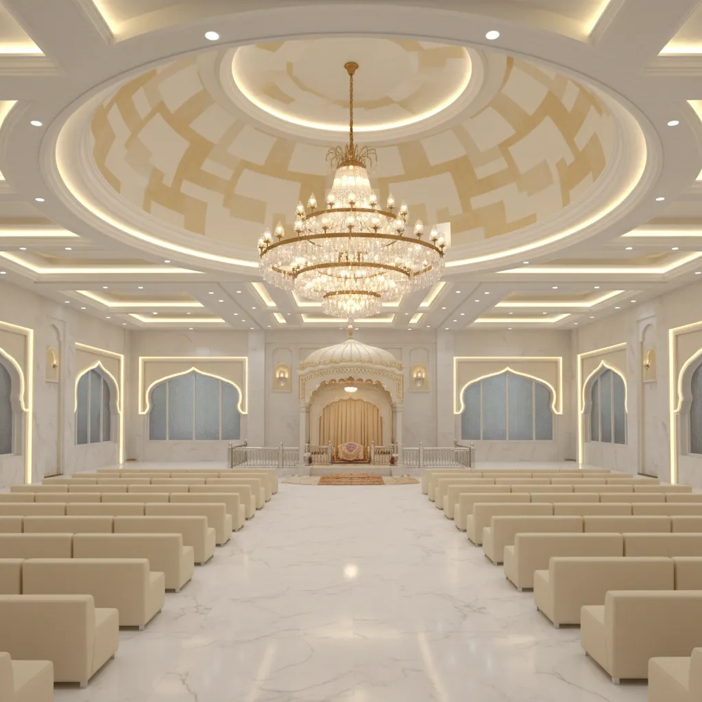 modern gurdwara interior lighting with chandeliers and LED ceiling lighting