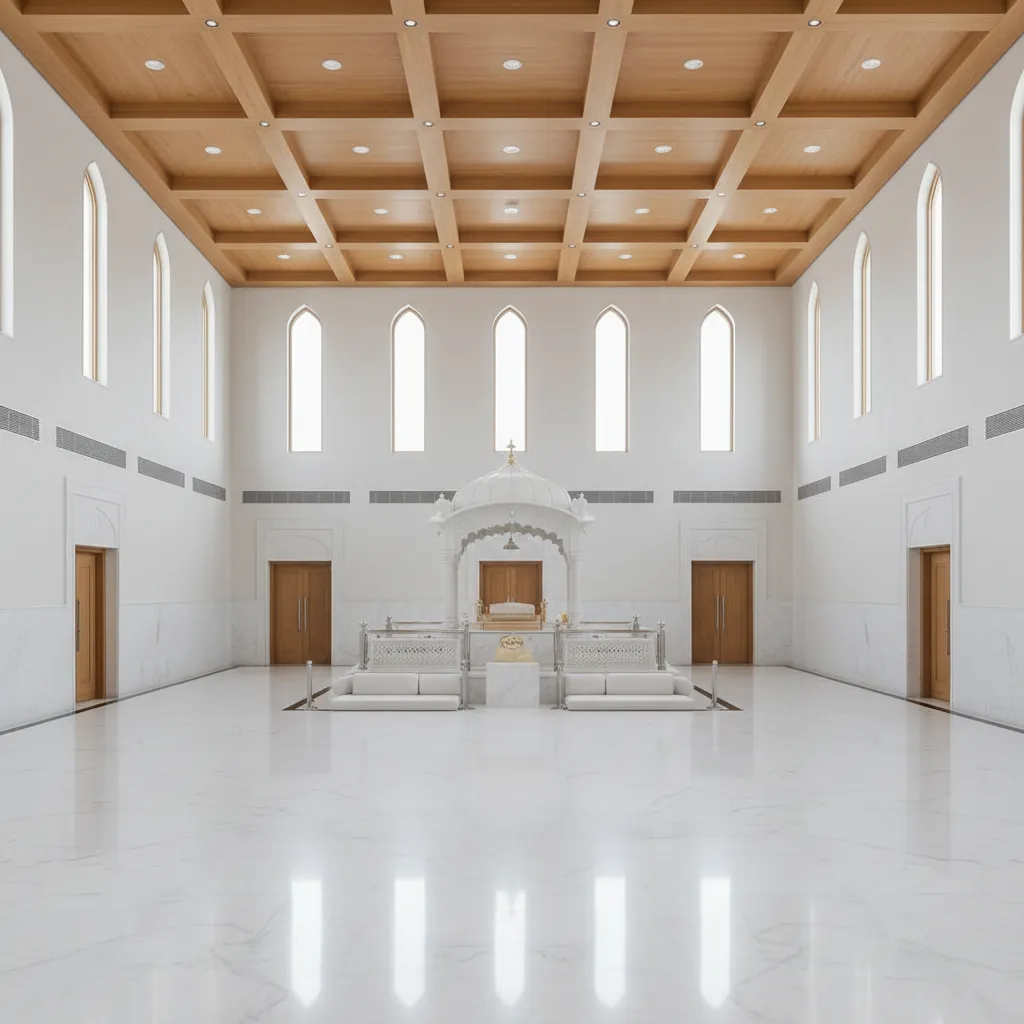 wide interior view of modern gurdwara prayer hall with open layout