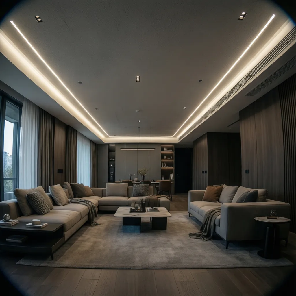Modern gypsum false ceiling with indirect LED lighting in living room