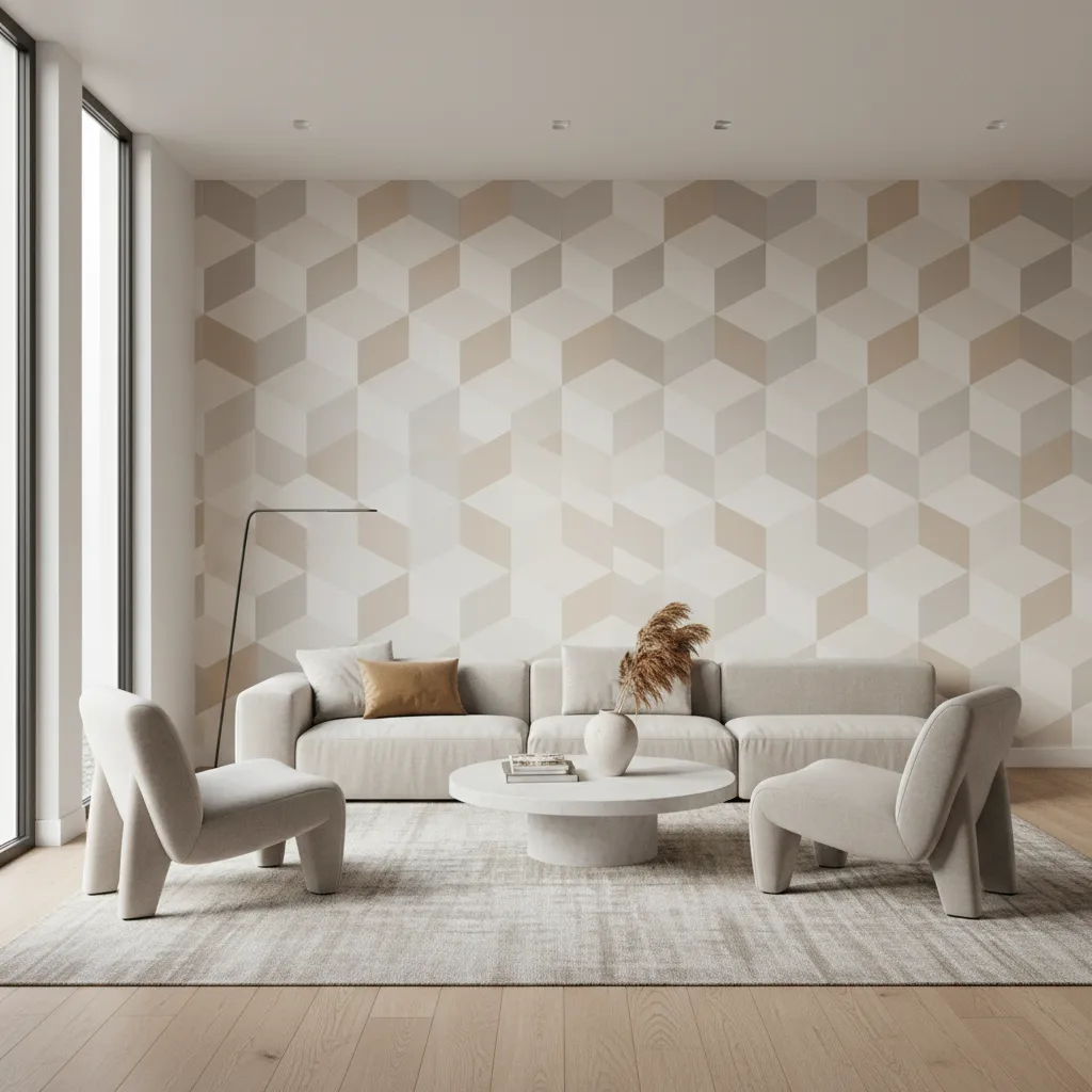 modern living room hall wall with geometric 3D wallpaper feature wall