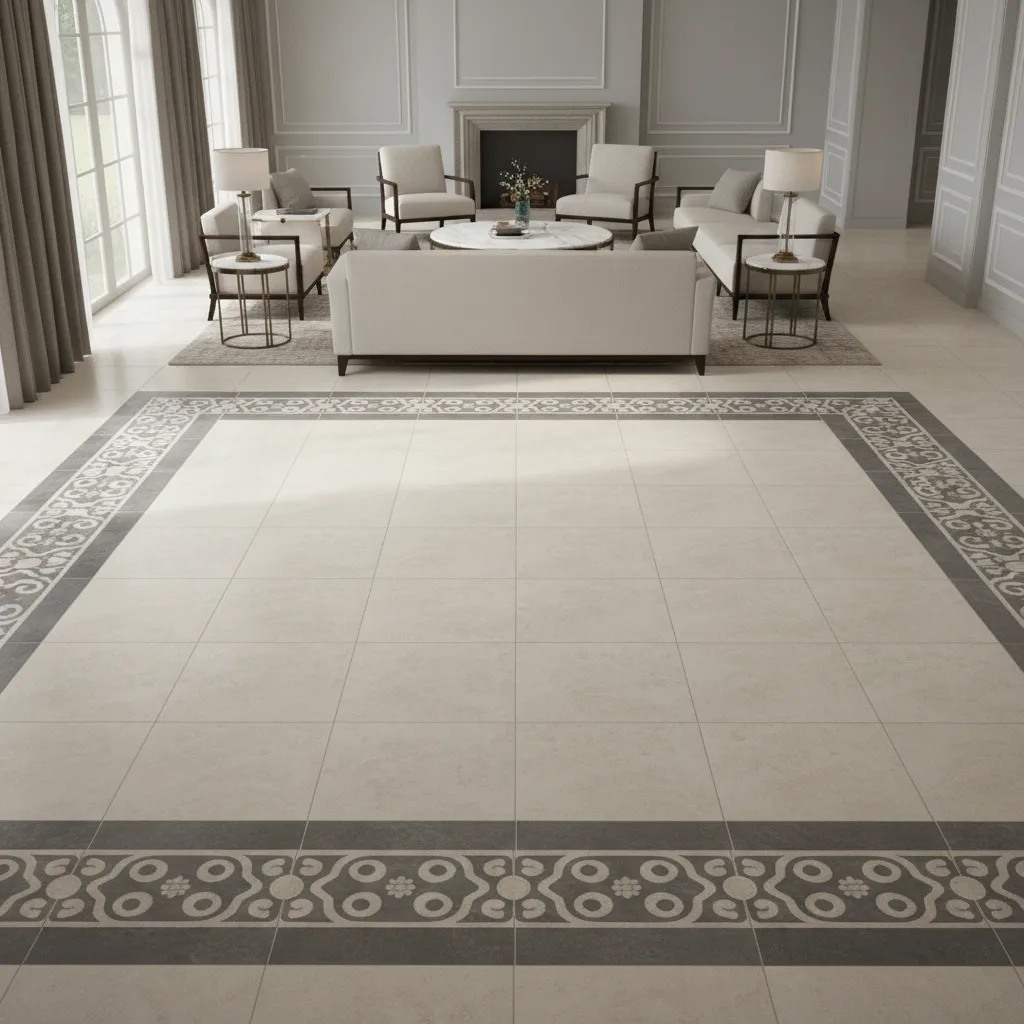 hall floor tile design with decorative border frame