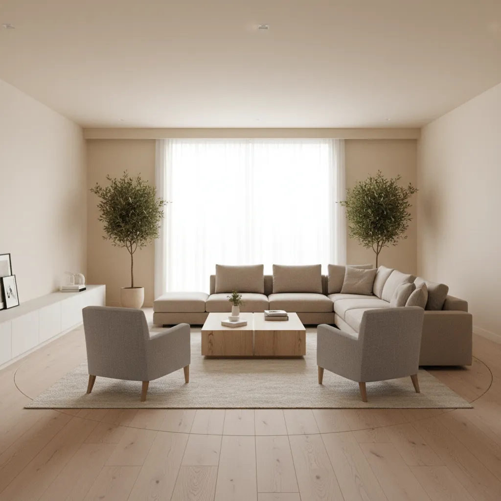 modern hall seating layout with sofa coffee table and open circulation space