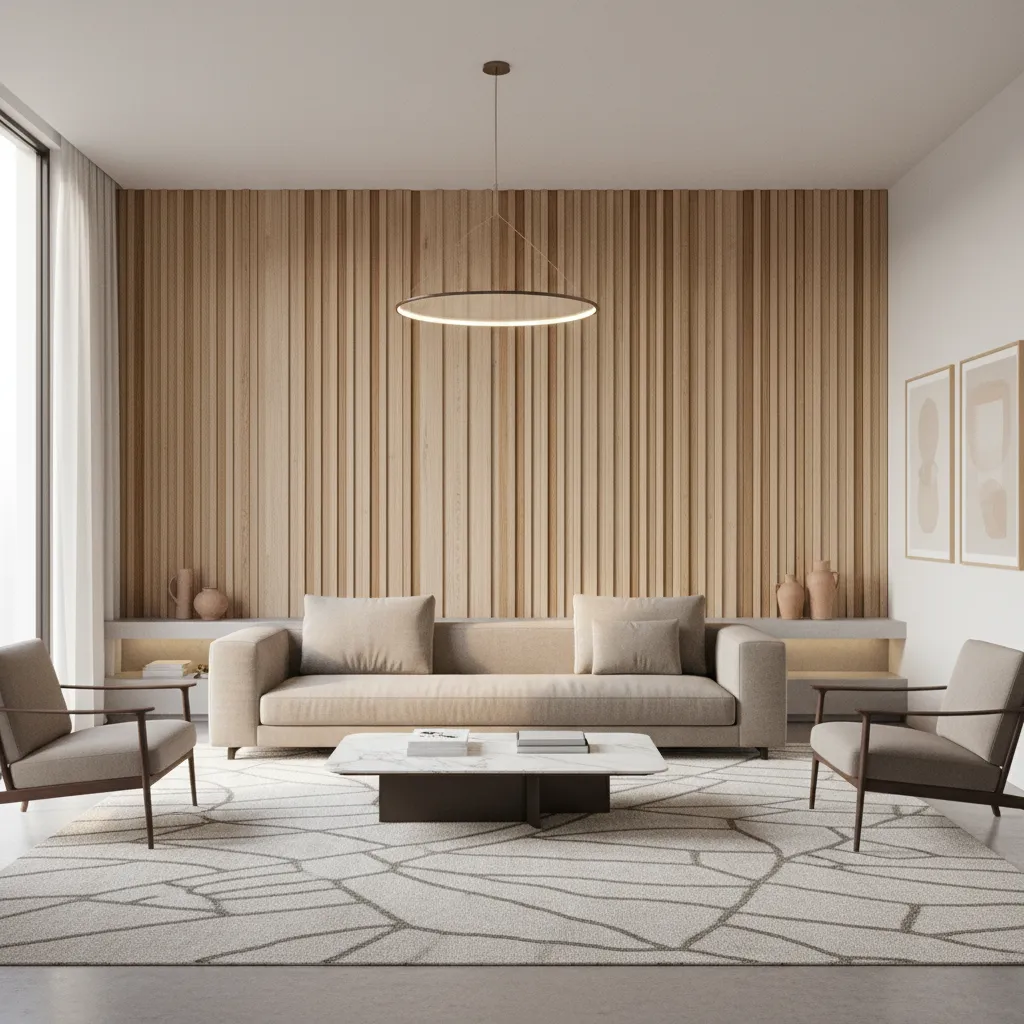 Modern hall with wood panel feature wall behind sofa and large rug