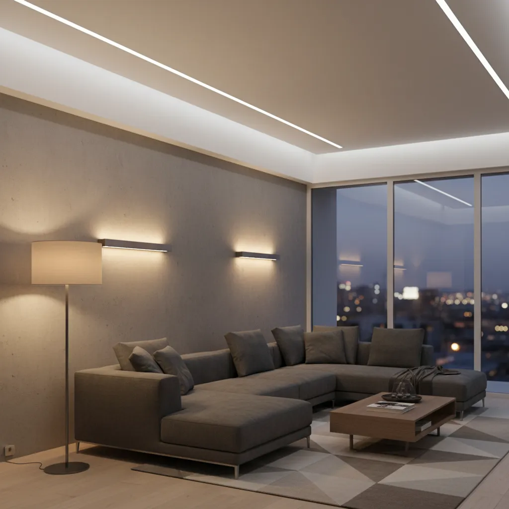 Modern living hall with ceiling lights, floor lamp, and wall lighting layers