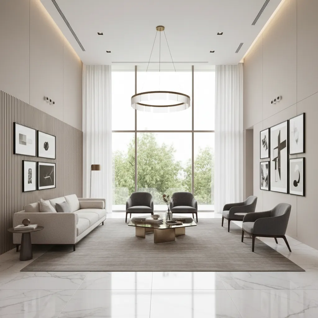 Modern living hall interior with polished marble flooring and natural lighting