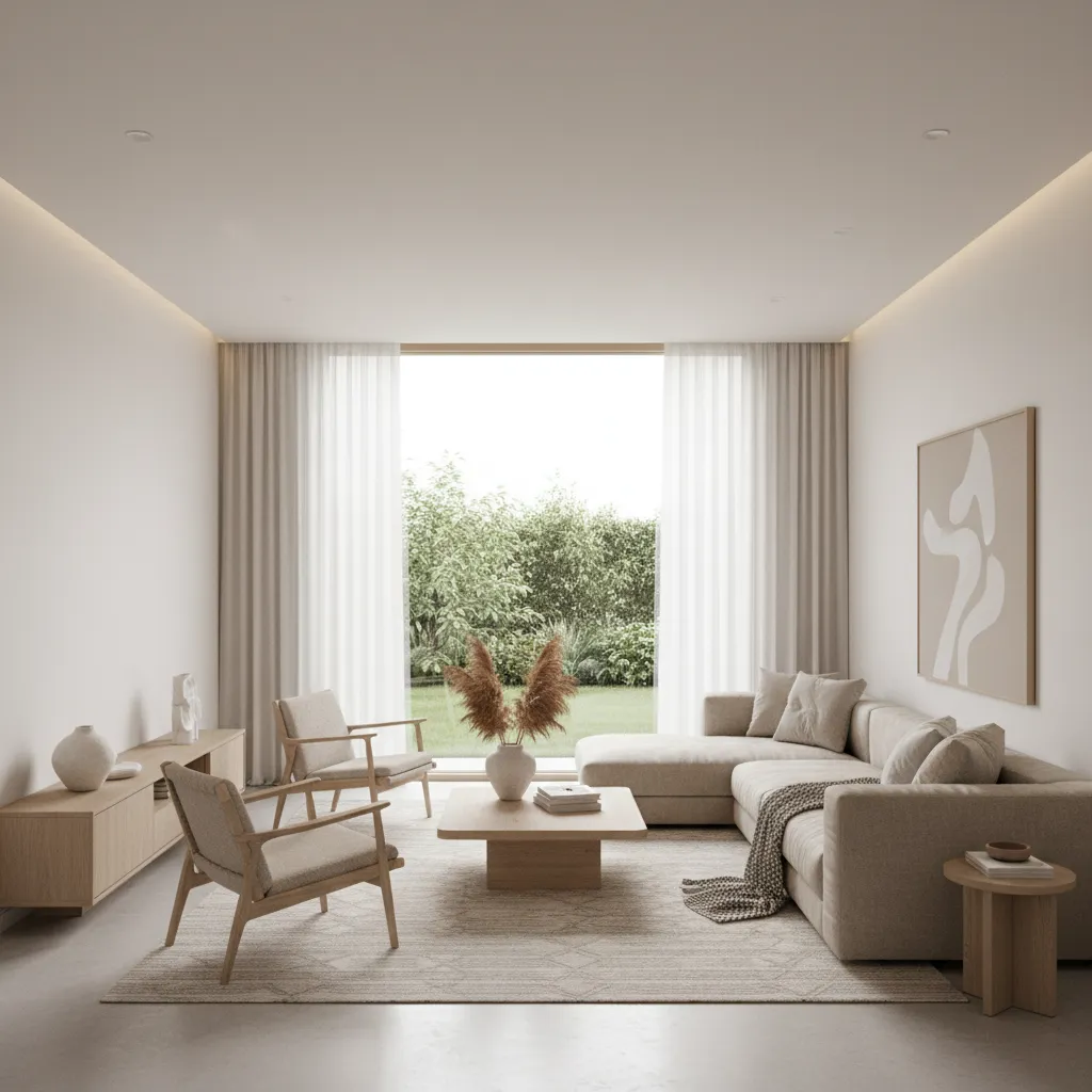 Modern hall with beige walls, light wood furniture, and minimalist decor