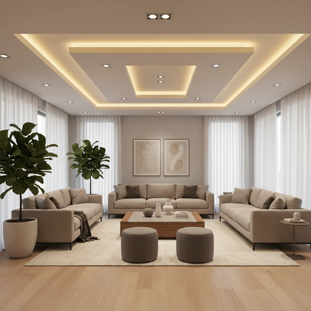modern hall with layered POP ceiling and warm indirect lighting
