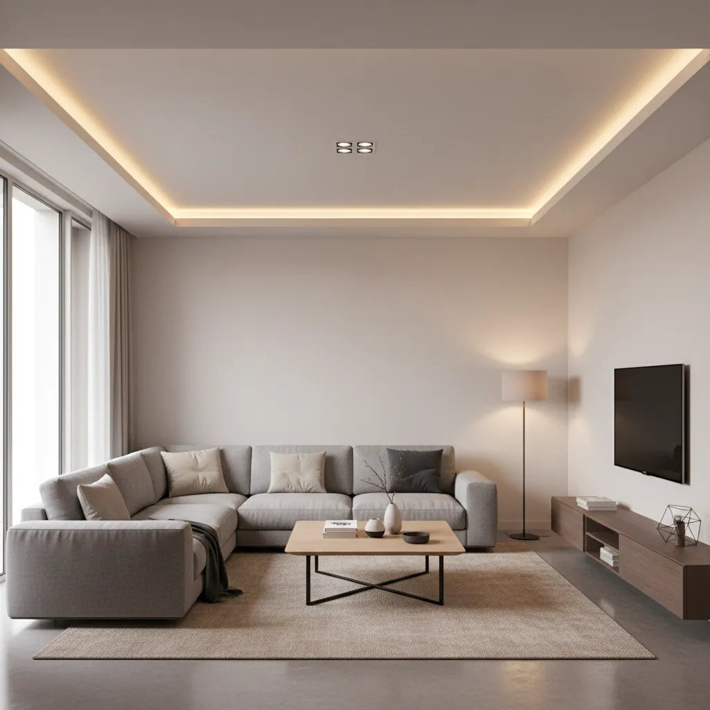 Living hall interior with minimal POP ceiling and LED lighting