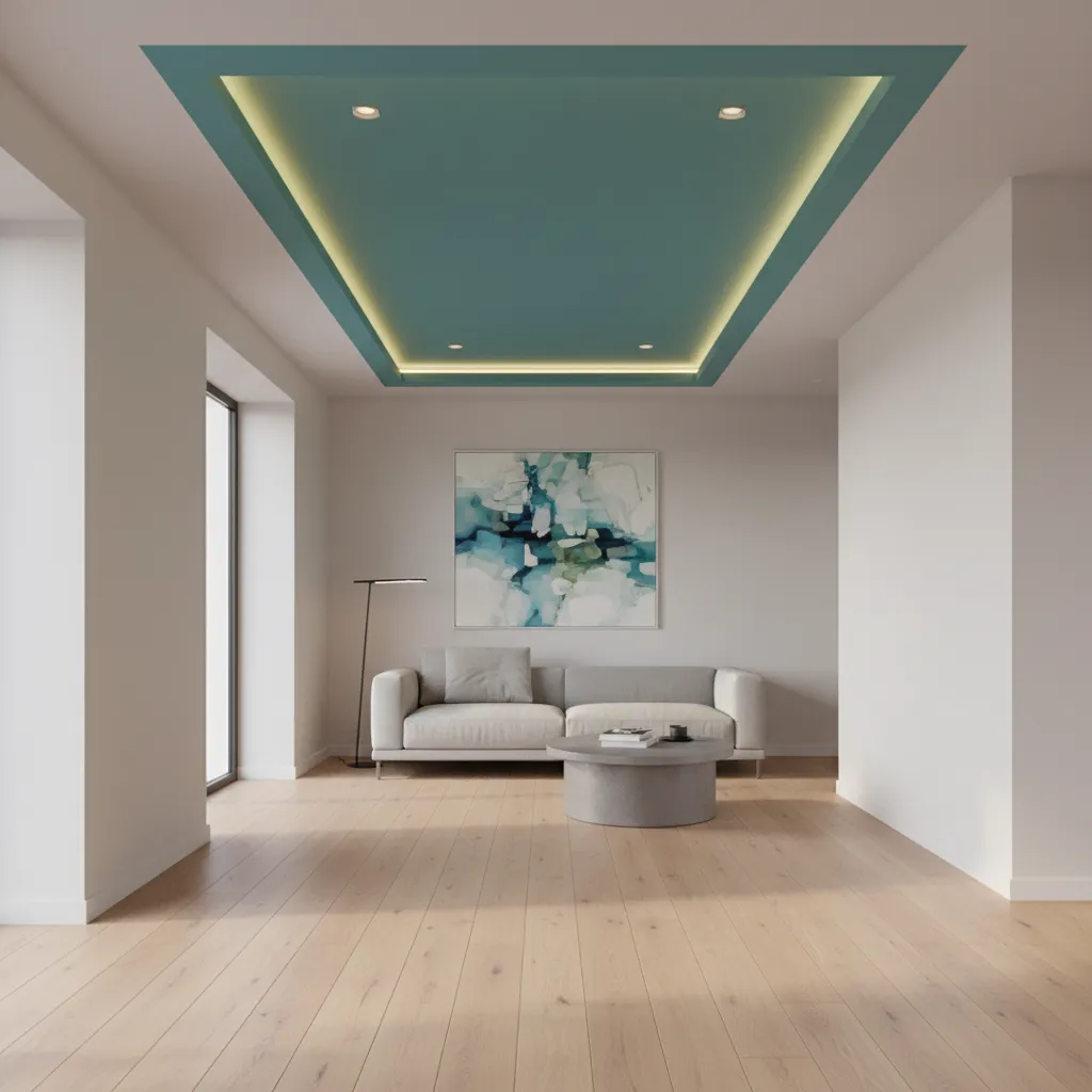 modern hall interior with teal accent pop ceiling and warm lighting