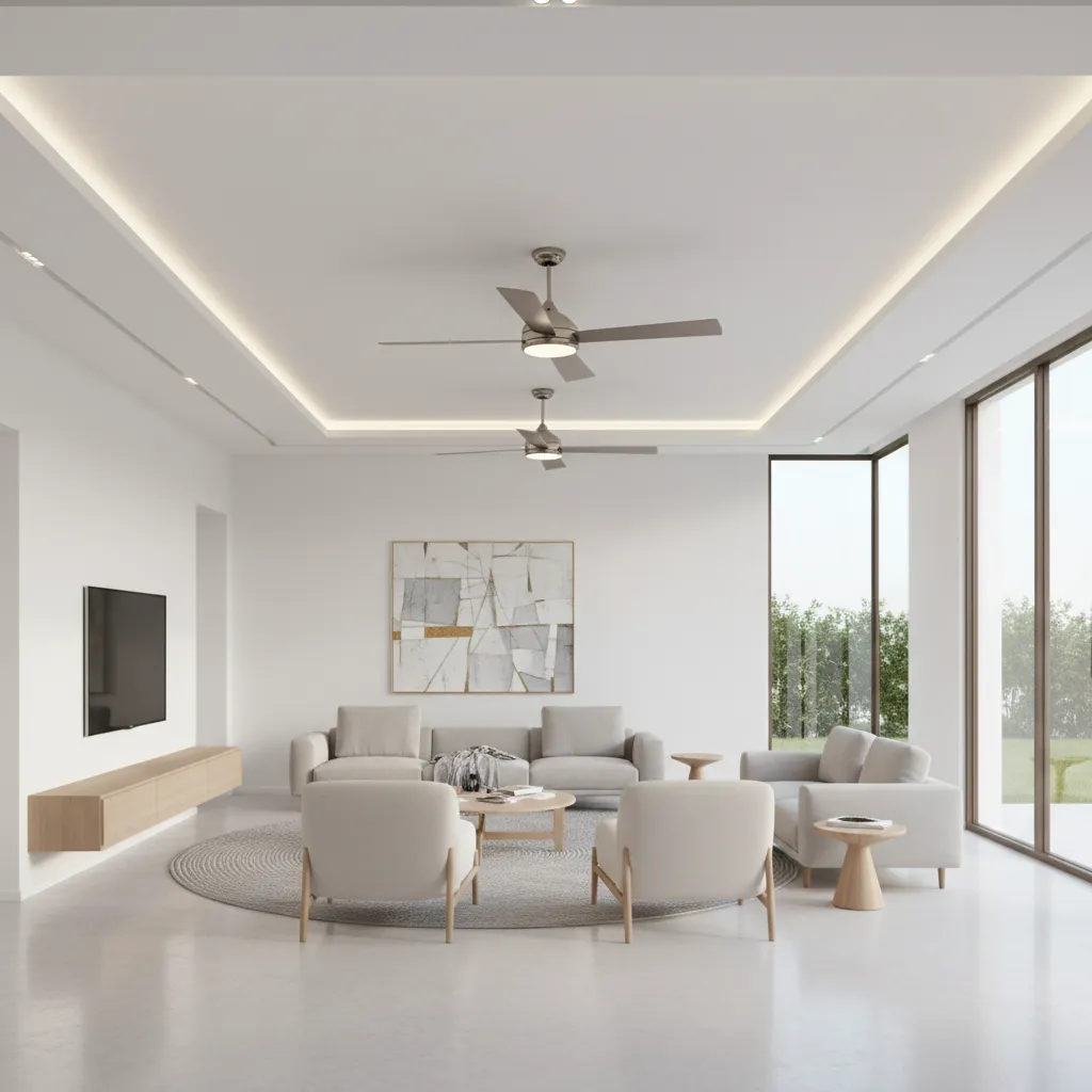 Large living room with POP ceiling design and two aligned ceiling fans
