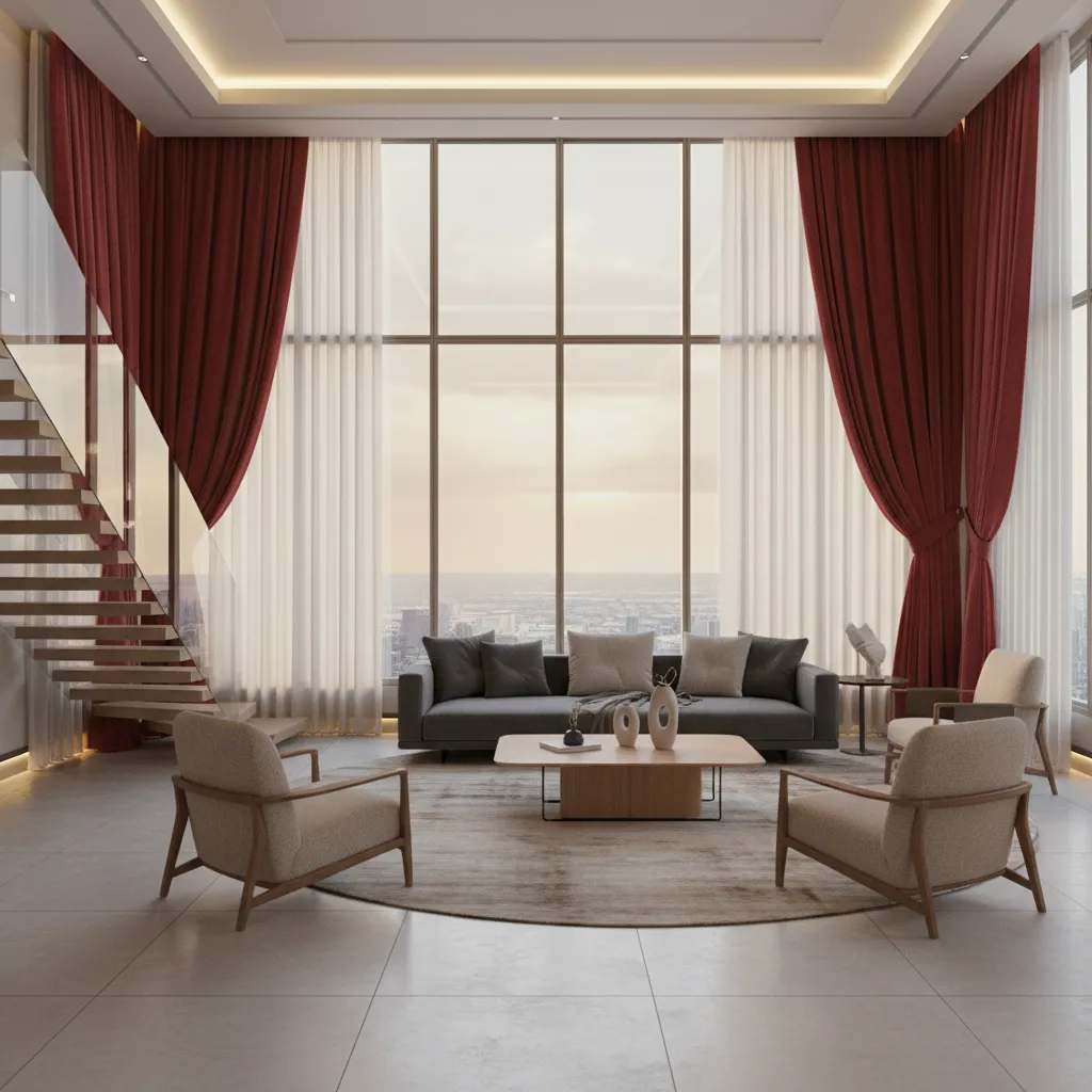 Modern hall design example featuring layered red drapes and neutral decor
