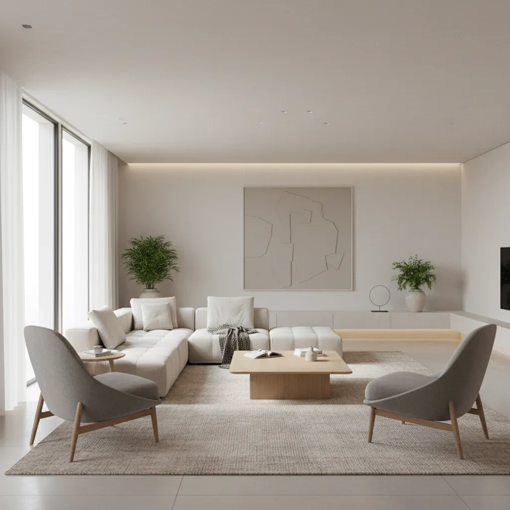 Modern hall seating layout with sofa, accent chair, and centered coffee table