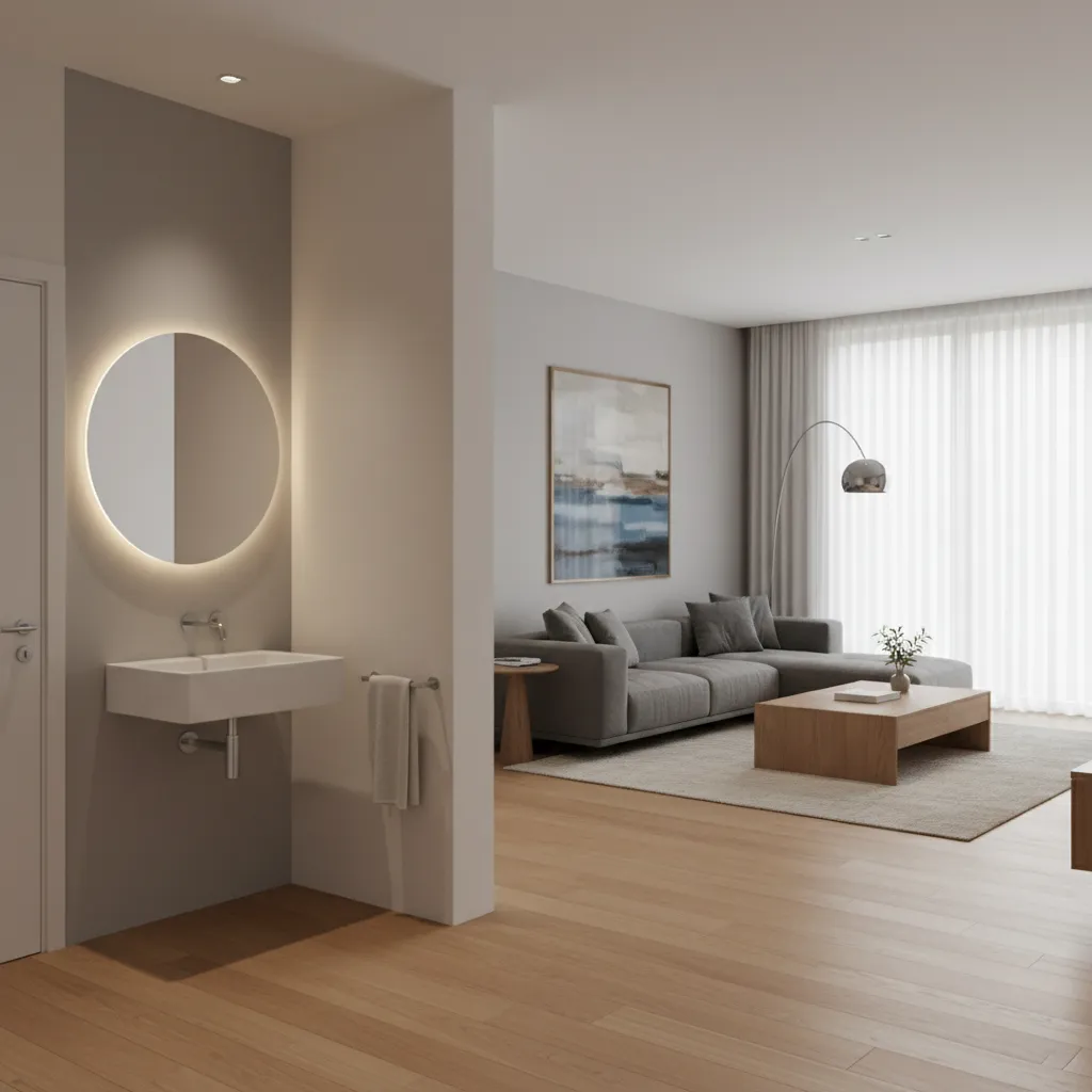 Contemporary living hall with a compact wash basin area near the entrance