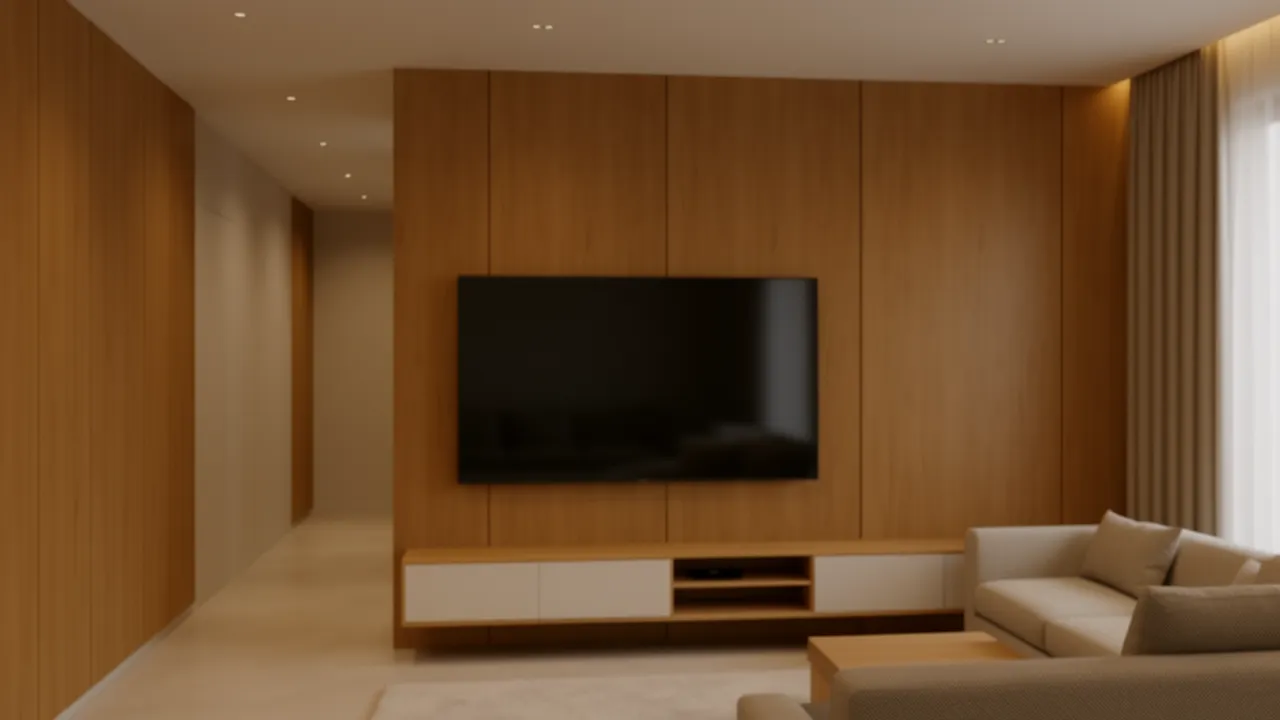 modern living room with wood panel TV feature wall