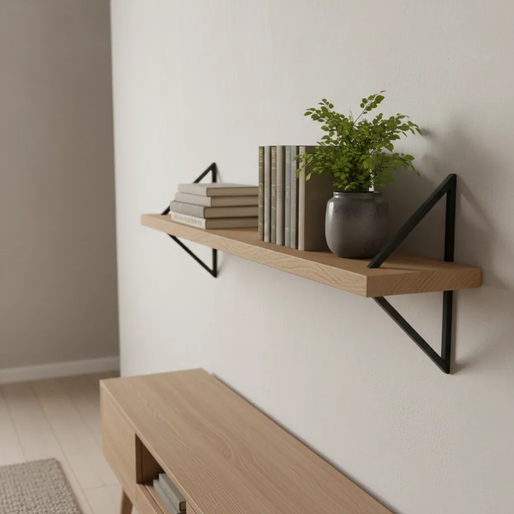 Close view of oak and metal modern hallway shelving materials
