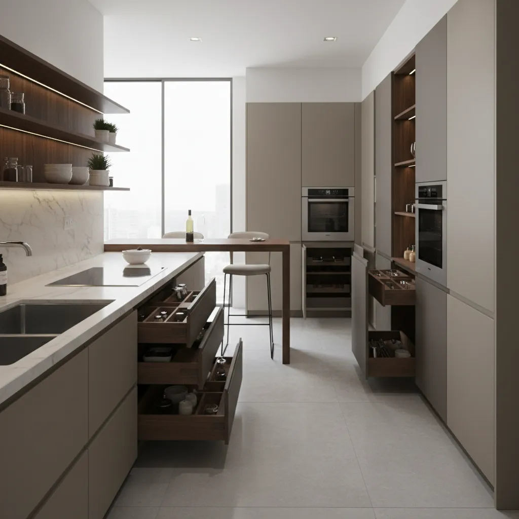 Modern kitchen with open wood drawers showing storage grey cabinets oven and white marble countertop