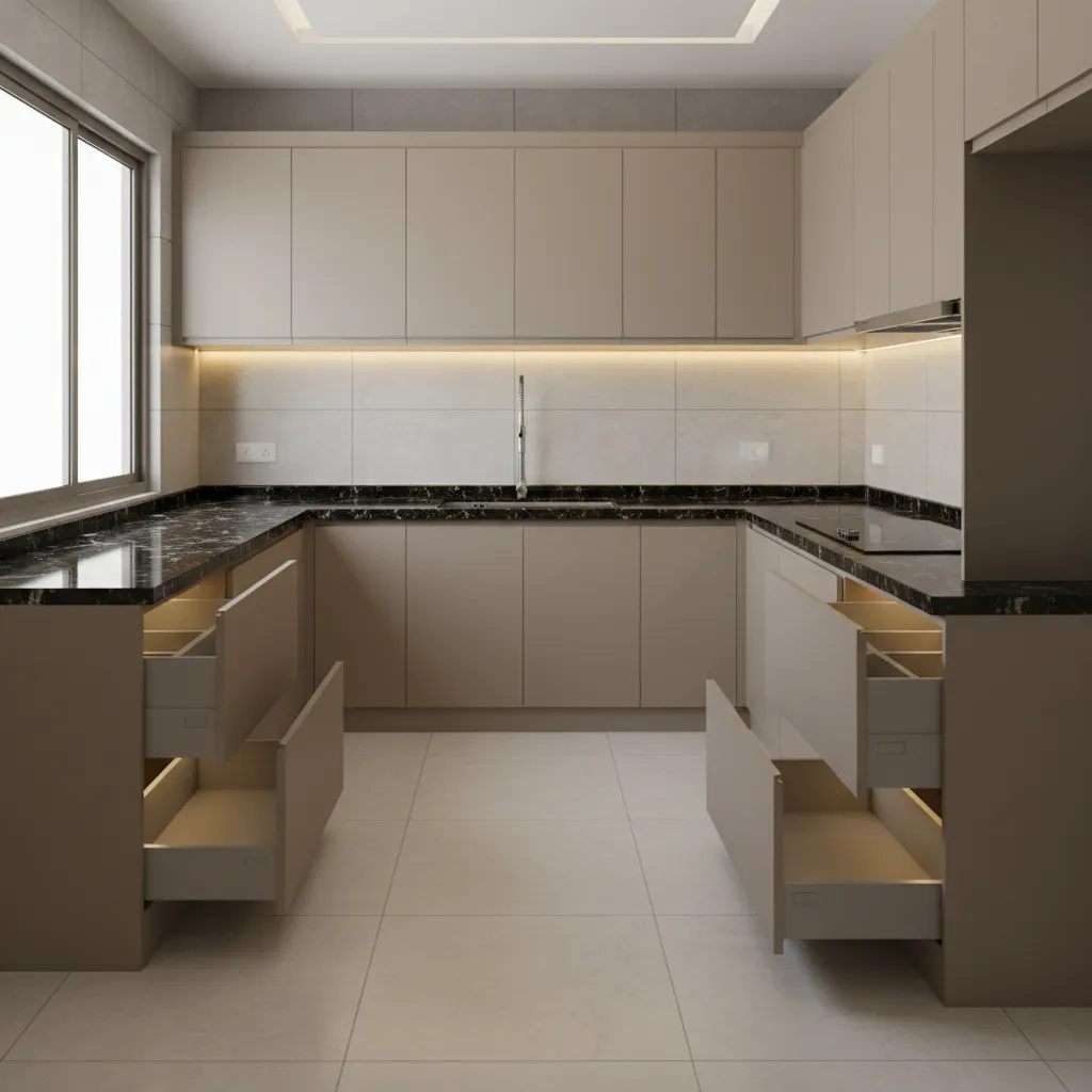 Modern Indian modular kitchen with Hettich drawers and overhead cabinets