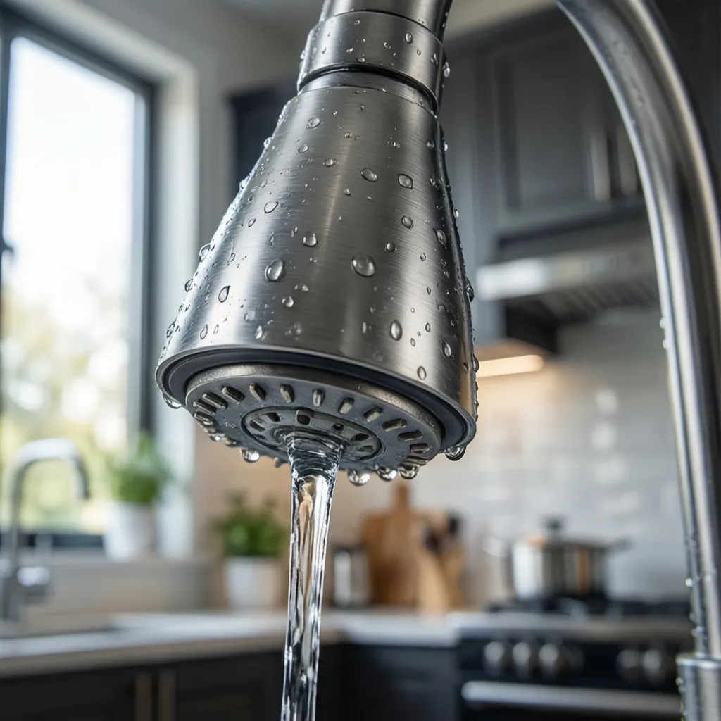Close view of modern high efficiency kitchen faucet spray head
