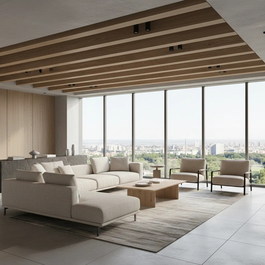 Render 3D realista de un salón moderno antes de su construcción
