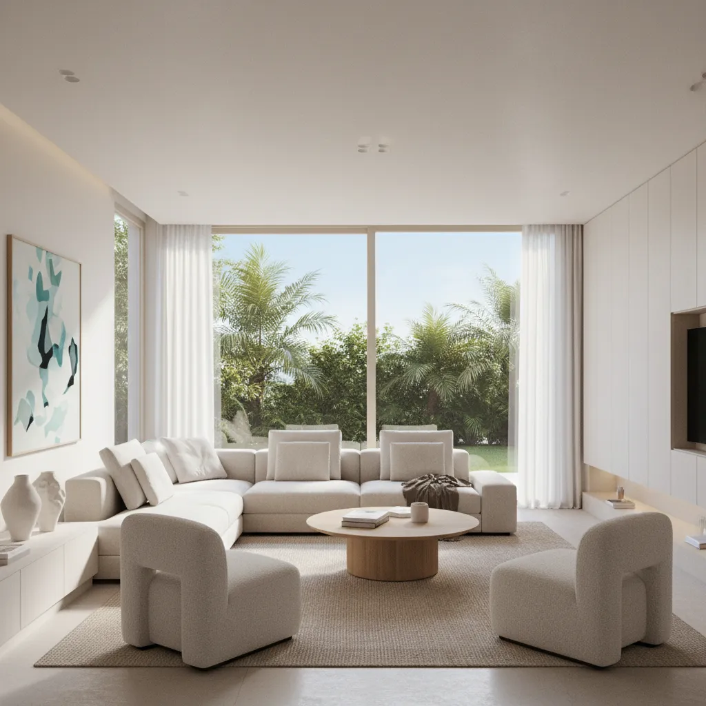 Bright modern living room cooled by central air conditioning in summer