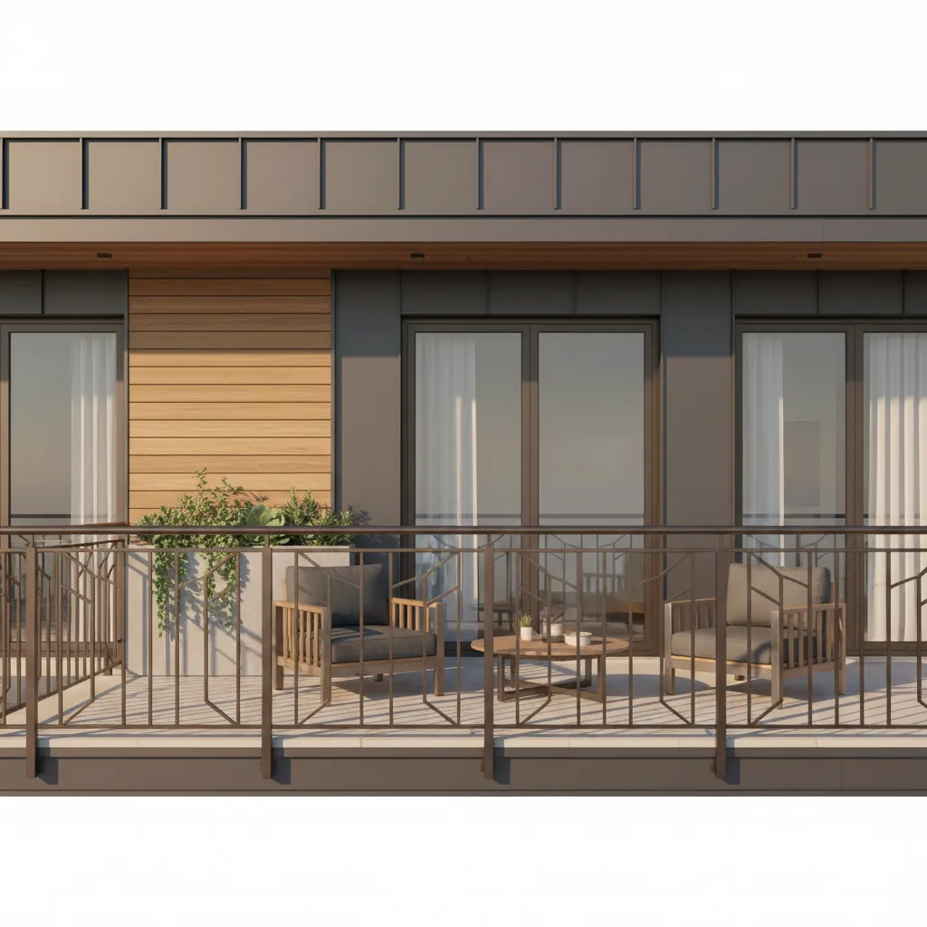 Modern residential balcony with decorative metal railing and outdoor seating