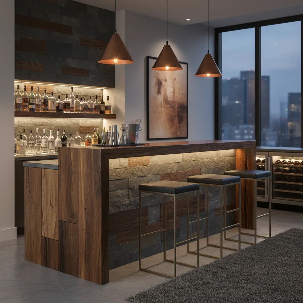 Bar doméstico moderno con iluminación ambiental y taburetes