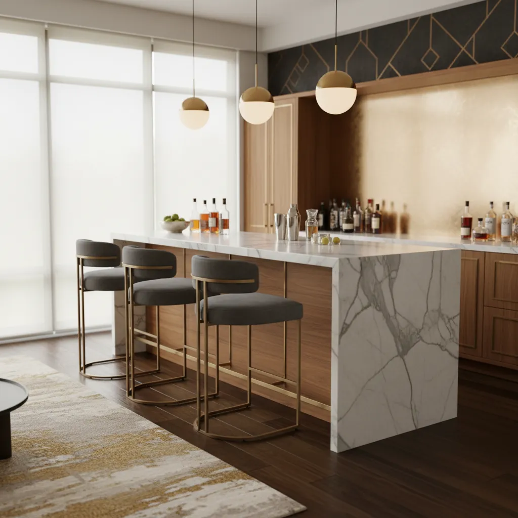 Bar moderno con encimera de mármol y taburetes elegantes