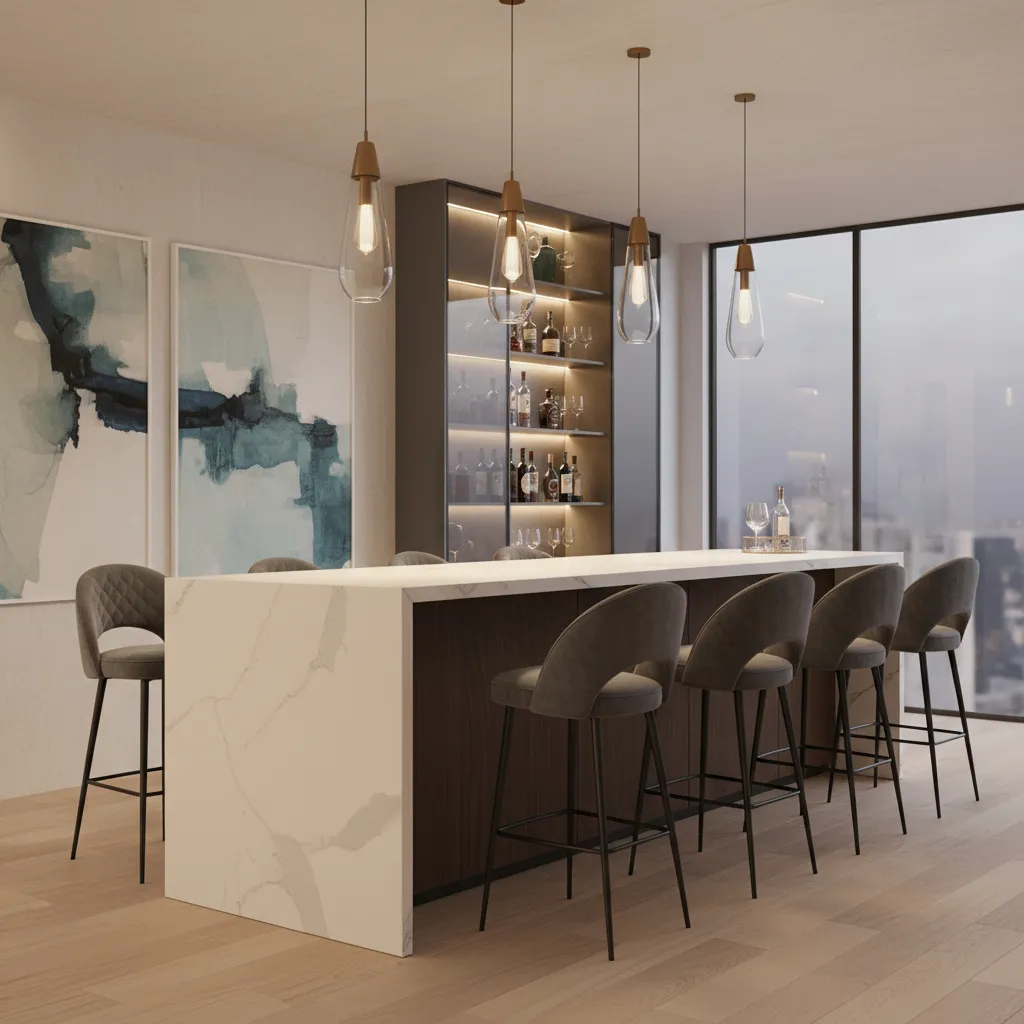 Barra de bar moderna con taburetes y lámparas colgantes