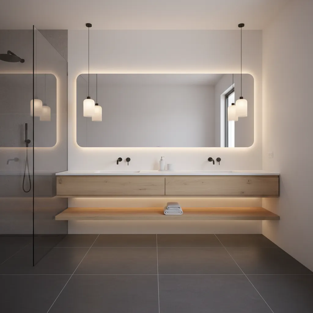 Residential bathroom inspired by hotel design with dark floor and light walls