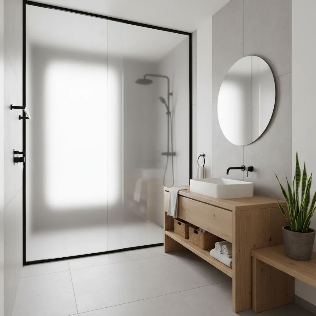 Modern residential bathroom using frosted glass door inspired by hotel design