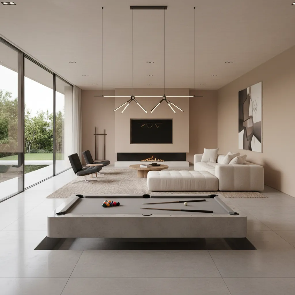 Sala de billar moderna integrada en un salón residencial