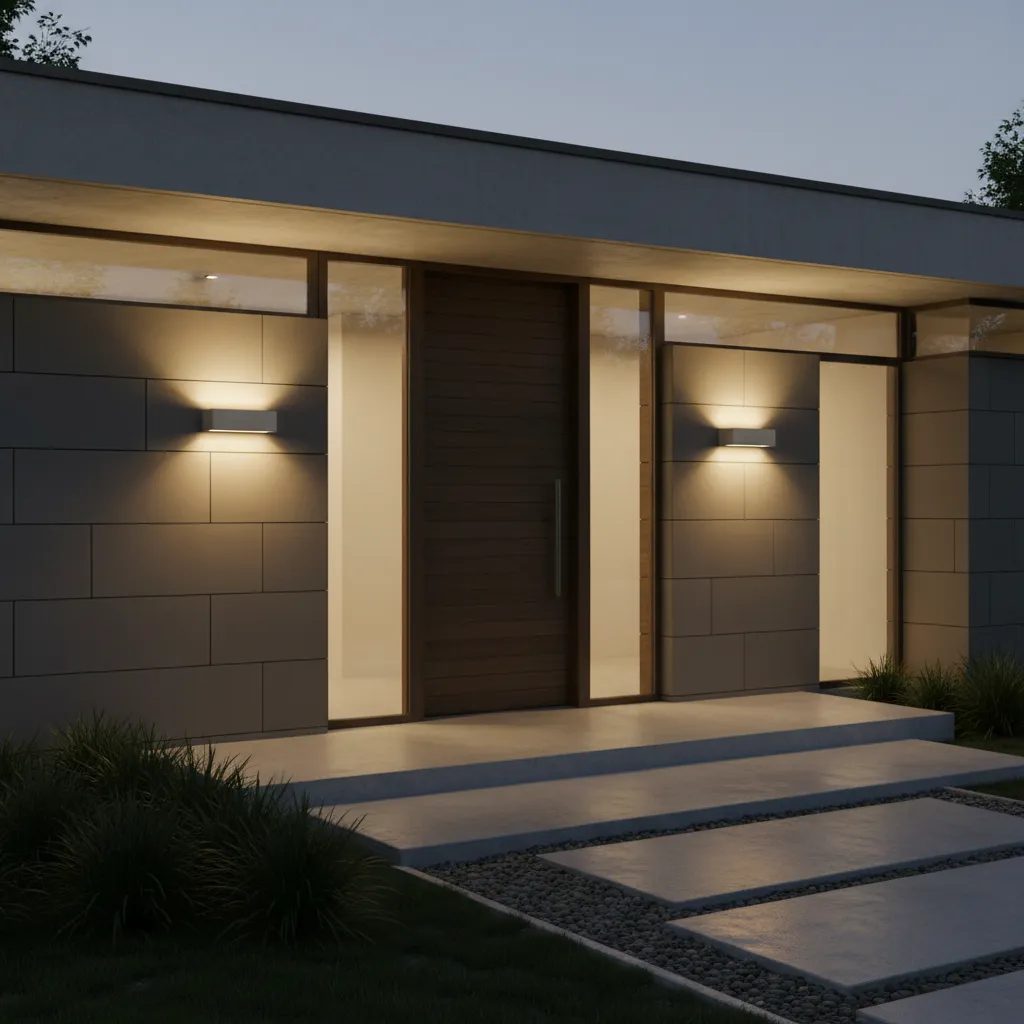 modern home exterior with brushed nickel outdoor wall lights illuminating entryway