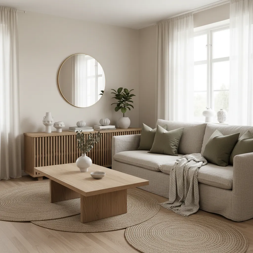 Modern beige living room with wooden coffee table green pillows round rugs and wood cabinet