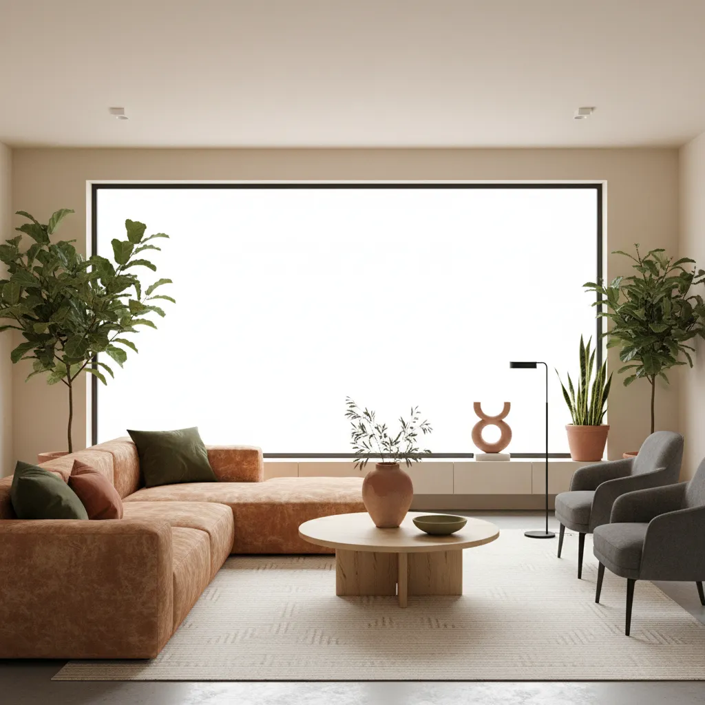 modern living room with warm neutral wall colors and earth tone accents