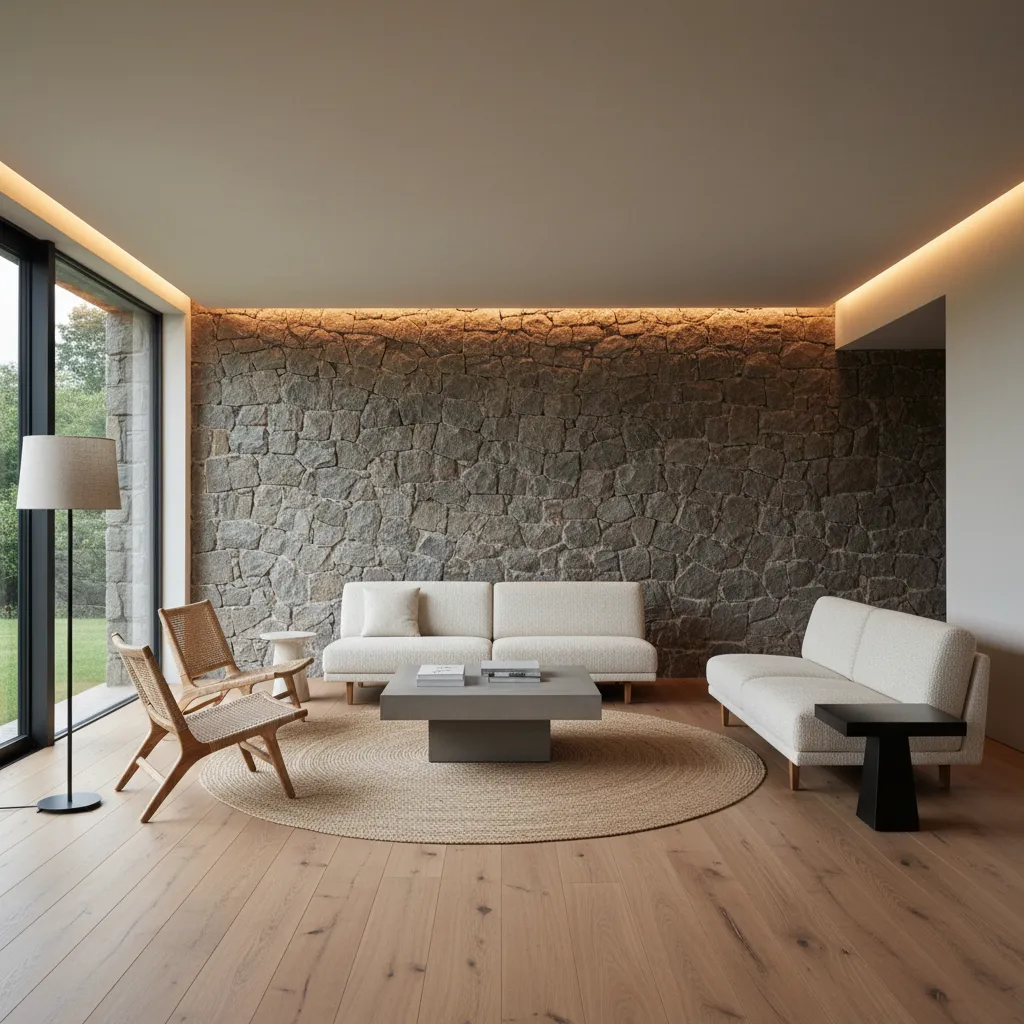 Interior moderno con materiales culturales como piedra y madera