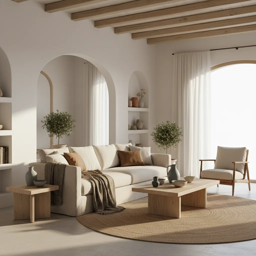 Interior de casa con estilo mediterráneo moderno y materiales naturales