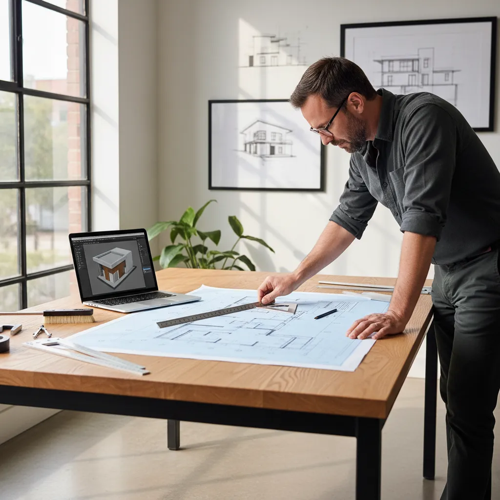 Arquitecto revisando plano moderno de vivienda sobre mesa de trabajo