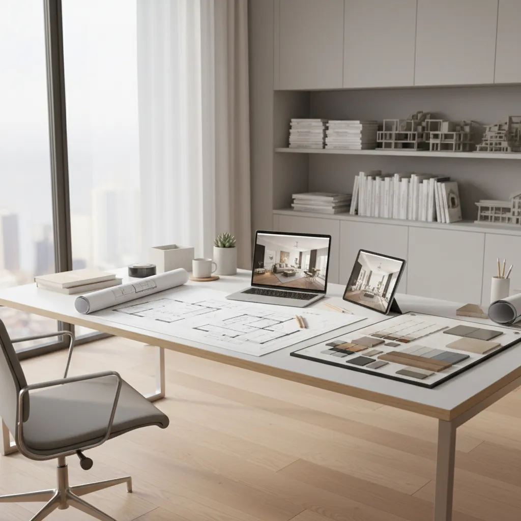 Interior designer reviewing residential home plans and material boards on a desk