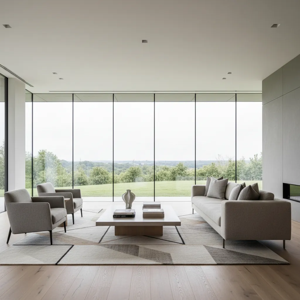 Salón moderno con líneas limpias y grandes ventanales