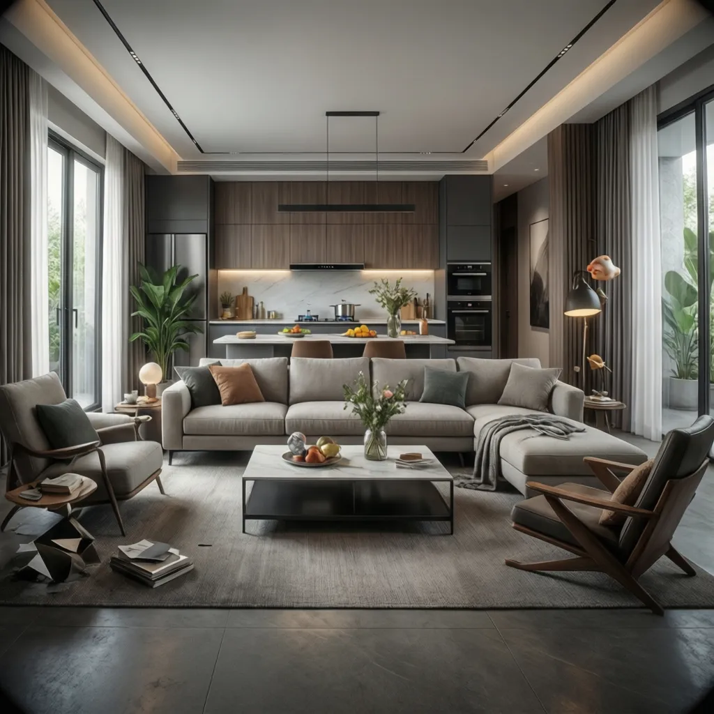 Modern open living room with grey sofa marble coffee table and wooden kitchen in the background
